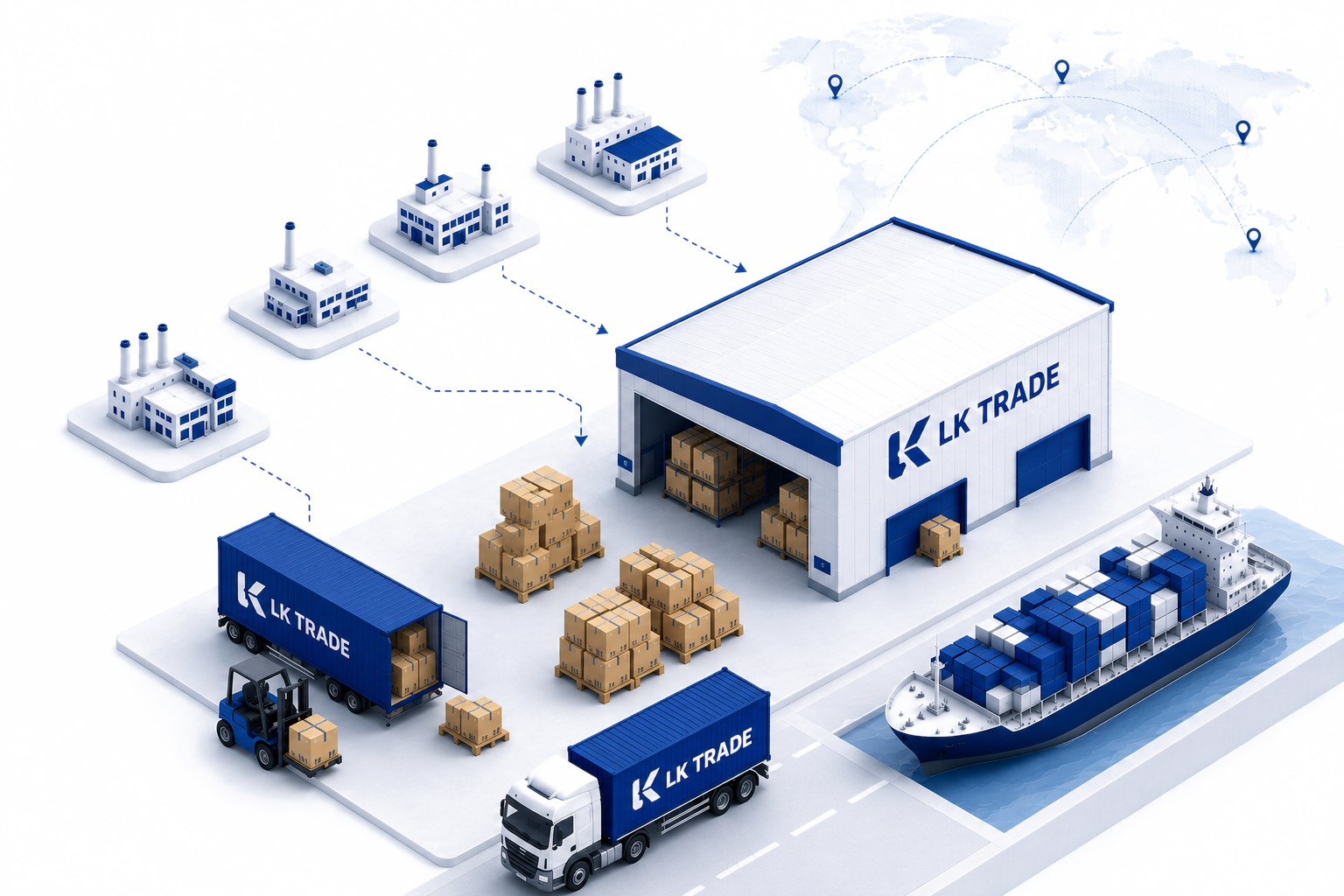 Консолидация грузов, склад LK TRADE, грузовые автомобили и морская логистика