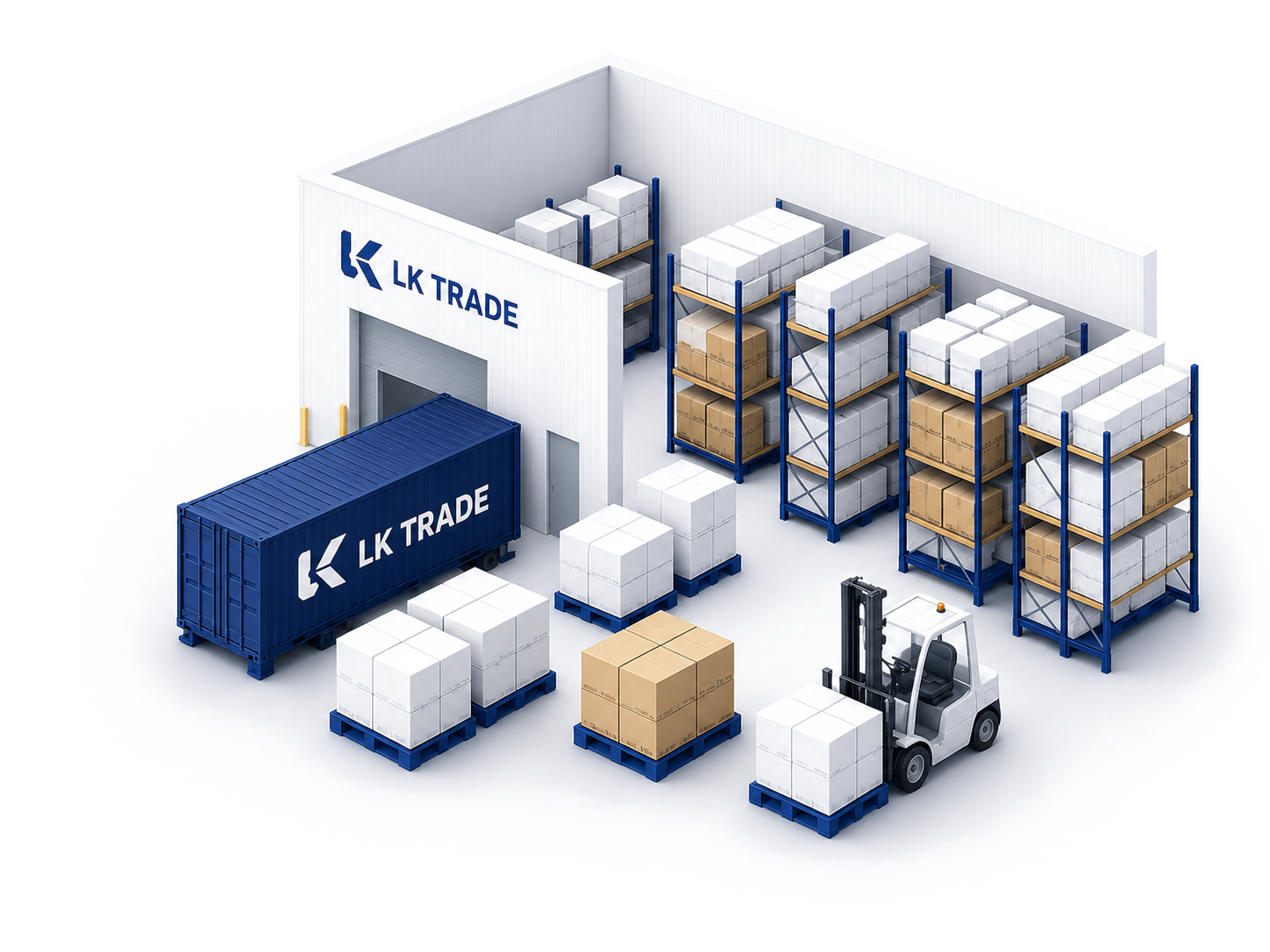Склад LK TRADE со стеллажами, паллетами и погрузчиком