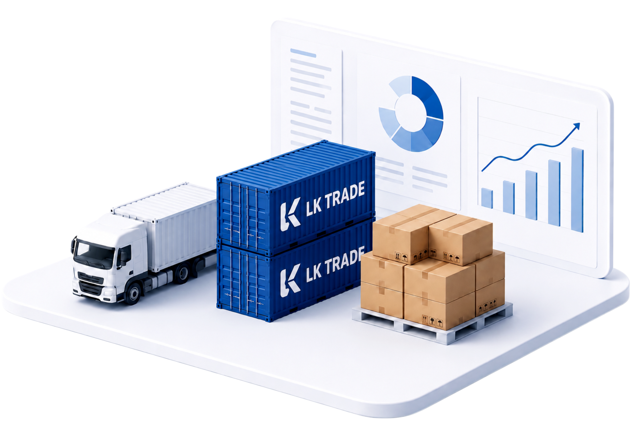 Оптимизационная логистика LK TRADE: грузовик, контейнеры, паллета с коробками и аналитическая панель